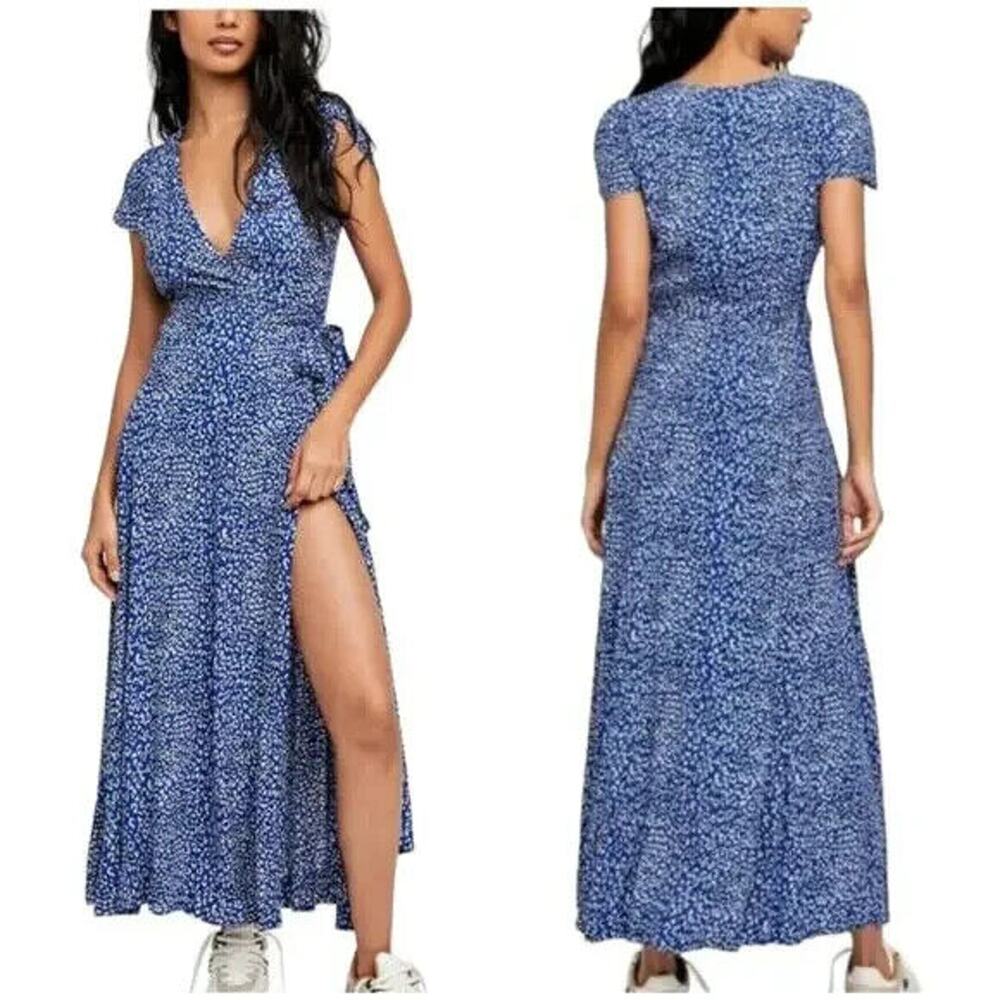 Free People Gorgeous Jess Maxi Wrap Dress Size Small Blue Black Floral Boho